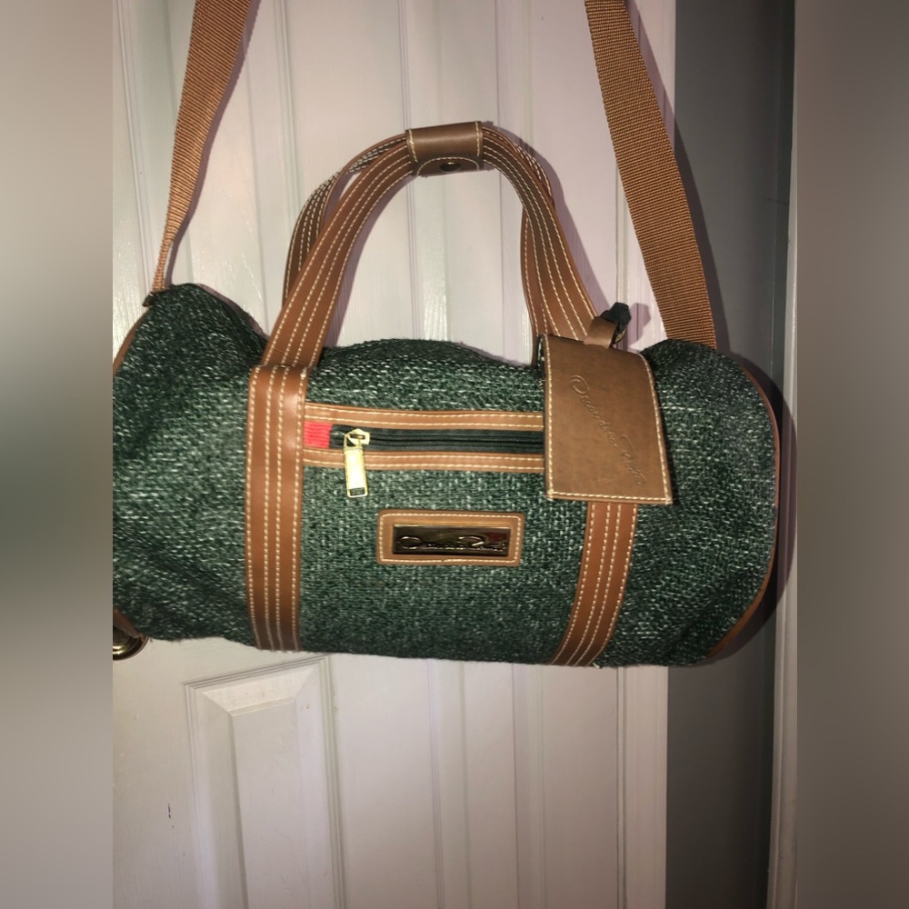 Oscar De La Renta Barrel Green Tweed Overnight Travel Bag